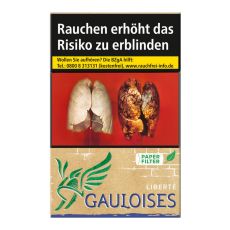 Schachtel Zigaretten Gauloises Liberte blau. Beige Packung mit grün-blauem Gauloises Logo.
