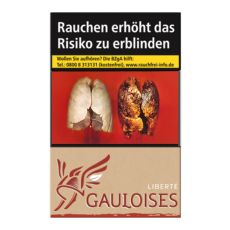 Schachtel Zigaretten Gauloises Liberte rot. Beige Packung mit rotem Gauloises Logo mit Helm und Flügel.