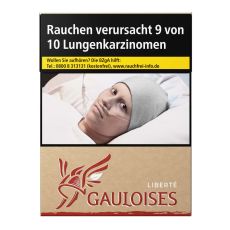 Schachtel Zigaretten Gauloises Liberte rot 27 Stück. Beige Packung mit rotem Gauloises Logo mit Helm und Flügel.