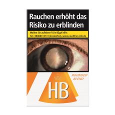 Schachtel Zigaretten HB Rounded Blend. Weiße Packung mit gelb-hellorangen HB Logo und Rounded Blend Aufschrift.