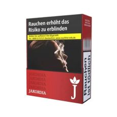 Schachtel Zigaretten Jakordia Red. Rote Packung mit Jakordia Aufschrift und weißem J mit weißen Blättern.