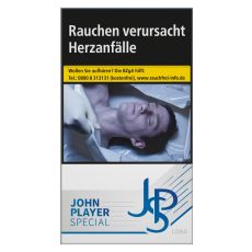 Schachtel Zigaretten John Player Special blau Long. Weiße Packung mit grau-blauem JPS Logo.