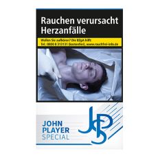 Schachtel Zigaretten John Player Special blau. Weiße Packung mit grau-blauem JPS Logo.