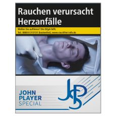 Schachtel Zigaretten John Player Special blau 38 Stück. Weiße Packung mit grau-blauem JPS Logo.
