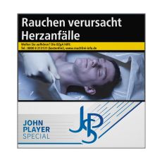 Schachtel Zigaretten John Player Special blau. Weiße Packung mit grau-blauem JPS Logo.