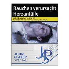 Schachtel Zigaretten John Player Special blau. Weiße Packung mit grau-blauem JPS Logo.