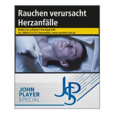 Schachtel Zigaretten John Player Special blau 29 Stück. Weiße Packung mit grau-blauem JPS Logo.