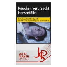 Schachtel Zigaretten John Player Special rot Long. Weiße Packung mit grau-rotem JPS Logo.