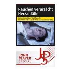 Schachtel Zigaretten John Player Special rot. Weiße Packung mit grau-rotem JPS Logo.