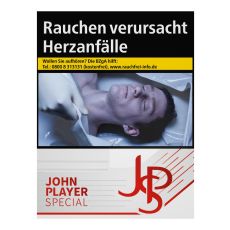 Schachtel Zigaretten John Player Special rot 22 Stück. Weiße Packung mit grau-rotem JPS Logo.