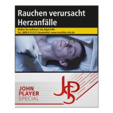 Schachtel Zigaretten John Player Special rot 29 Stück. Weiße Packung mit grau-rotem JPS Logo.
