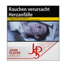 Schachtel Zigaretten John Player Special rot 55 Stück. Weiße Packung mit grau-rotem JPS Logo.