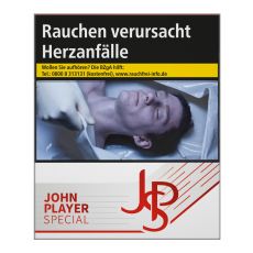 Schachtel Zigaretten John Player Special Rot. Weiße Packung mit grau-rotem JPS Logo.