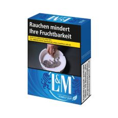 Schachtel L&M Zigaretten blau XL. Blaue Packung mit weißem L&M Logo und Löwen.