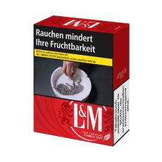 Schachtel Zigaretten L&M rot 2XL 29 Stück. Rote Packung mit weißem L&M Logo mit Löwen.