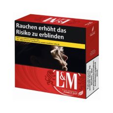 Schachtel Zigaretten L&M rot 6XL. Rote Packung mit weißem L&M Logo und Löwen.