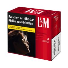 Schachtel Zigaretten L&M rot 9XL. Sehr große rote Packung mit weißem L&M Logo und Warnhinweis.