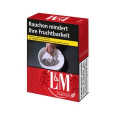 Schachtel Zigaretten L&M rot XL 22 Stück. Rote Packung mit Löwen und weißem L&M Logo.