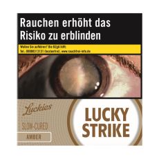 Schachtel Zigaretten Lucky Strike Amber Jumbo 50 Stück. Goldenen Packung mit weißem Lucky Strike Logo und Auge.