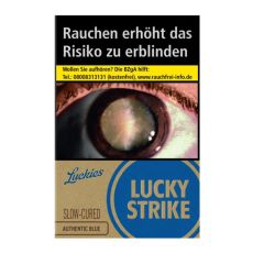 Schachtel Zigaretten Lucky Strike Authentic Blau. Beige Packung mit blauem Lucky Strike Logo und Auge.
