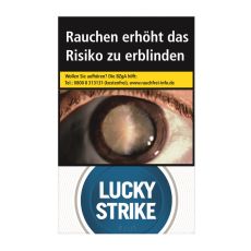 Schachtel Zigaretten Lucky Strike Blue. Weiße Packung mit blauem Lucky Strike Logo und Auge.