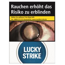 Schachtel Zigaretten Lucky Strike Blue Giga. Weiße Packung mit blauem Lucky Strike Logo und Auge.