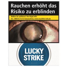 Schachtel Zigaretten Lucky Strike Blue Jumbo. Weiße Packung mit blauem Lucky Strike Logo und Auge.