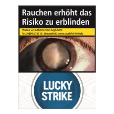 Schachtel Zigaretten Lucky Strike Blue XXL. Weiße Packung mit blauem Lucky Strike Logo und Auge.