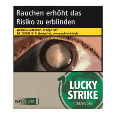 Schachtel Zigaretten Lucky Strike Change Dark Green Giga. Beige Packung mit dunkelgrünem Logo.