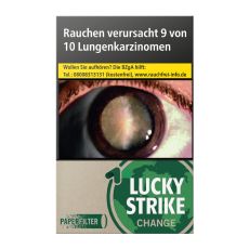 Schachtel Zigaretten Lucky Strike Change Dark Green. Beige Packung mit dunkelgrünem Logo.