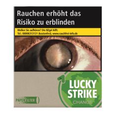 Schachtel Zigaretten Lucky Strike Change Green Giga. Beige Packung mit hellgrünem Lucky Strike Logo und Auge.