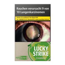 Schachtel Zigaretten Lucky Strike Change Green 20 Stück. Beige Packung mit hellgrünem Lucky Strike Logo und Auge.