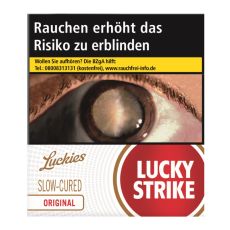 Schachtel Zigaretten Lucky Strike Original Rot Giga. Weiße Packung mit rotem Lucky Strike Logo und Auge.
