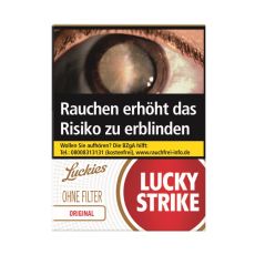 Schachtel Zigaretten Lucky Strike Original Rot ohne Filter. Weiße Packung mit rotem Lucky Strike Logo und Auge.