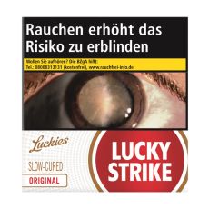 Schachtel Zigaretten Lucky Strike Original Rot Jumbo 50 Stück. Weiße Packung mit rotem Lucky Strike Logo und Auge.