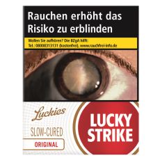 Schachtel Zigaretten Lucky Strike Original Rot Super. Weiße Packung mit rotem Lucky Strike Logo und Auge.
