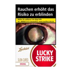 Schachtel Zigaretten Lucky Strike Original Rot 20 Stück. Weiße Packung mit rotem Lucky Strike Logo und Auge.