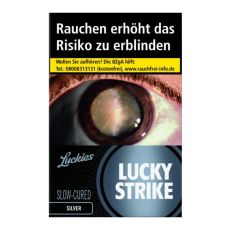 Schachtel Zigaretten Lucky Strike Silver. Schwarze Packung mit silbernen Lucky Strike Logo und Auge.