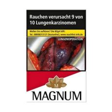 Schachtel Zigaretten Magnum Red Mega Pack. Große rot-weiße Packung mit schwarzer Magnum Aufschrift und goldener Blätterkrone.