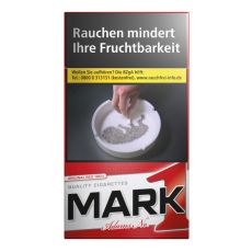 Schachtel Zigaretten Mark Adams No.1 Rot Long. Schmale rot-weiße Packung mit schwarz-rotem Mark 1 Logo.