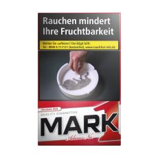 Schachtel Zigaretten Mark Adams No.1 Rot. Rot-weiße Packung mit schwarz-rotem Mark 1 Logo.