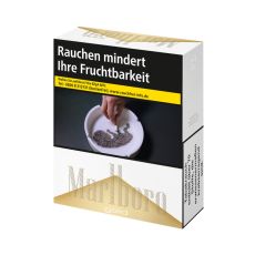 Schachtel Zigaretten Marlboro Gold 2XL 27 Stück. Gold-weiße Packung mit Marlboro Logo.