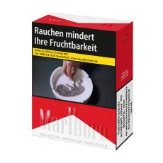 Schachtel Zigaretten Marlboro rot 4XL. Rot-weiße Packung mit Warnhinweis Aschenbecher.