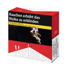 Schachtel Zigaretten Marlboro rot 7XL. Rot-weiße Packung mit Marlboro Logo und Warnhinweis.