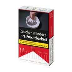 Schachtel Zigaretten Marlboro rot Soft. Weiche rot-weiße Packung mit Marlboro Logo.