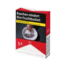 Schachtel Zigaretten Marlboro rot XL. Rot-weiße Packung mit Warnhinweis Aschenbecher.