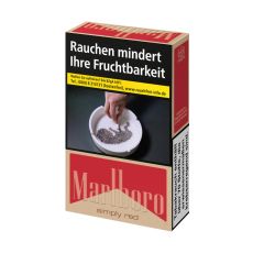 Schachtel Zigaretten Marlboro simply red. Beige-rote Packung mit Marlboro Logo.