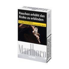 Schachtel Zigaretten Marlboro white. Weiß-graue Packung mit Marlboro Logo.