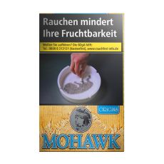 Schachtel Zigaretten Mohawk Origins Blue. Beige Packung mit Indianer und blauer Mohawk Aufschrift.