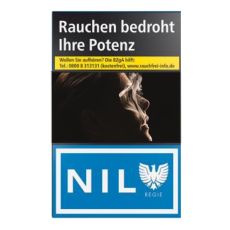 Schachtel Zigaretten Nil Filter blau 20 Stück. Blau-weiße Packung mit Nil Logo und Adler.
